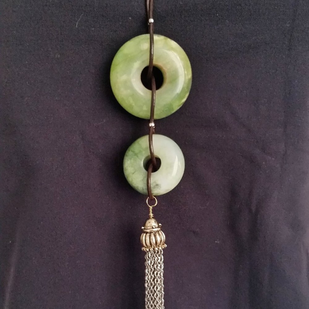 Leather necklace big green dragon agate pendant